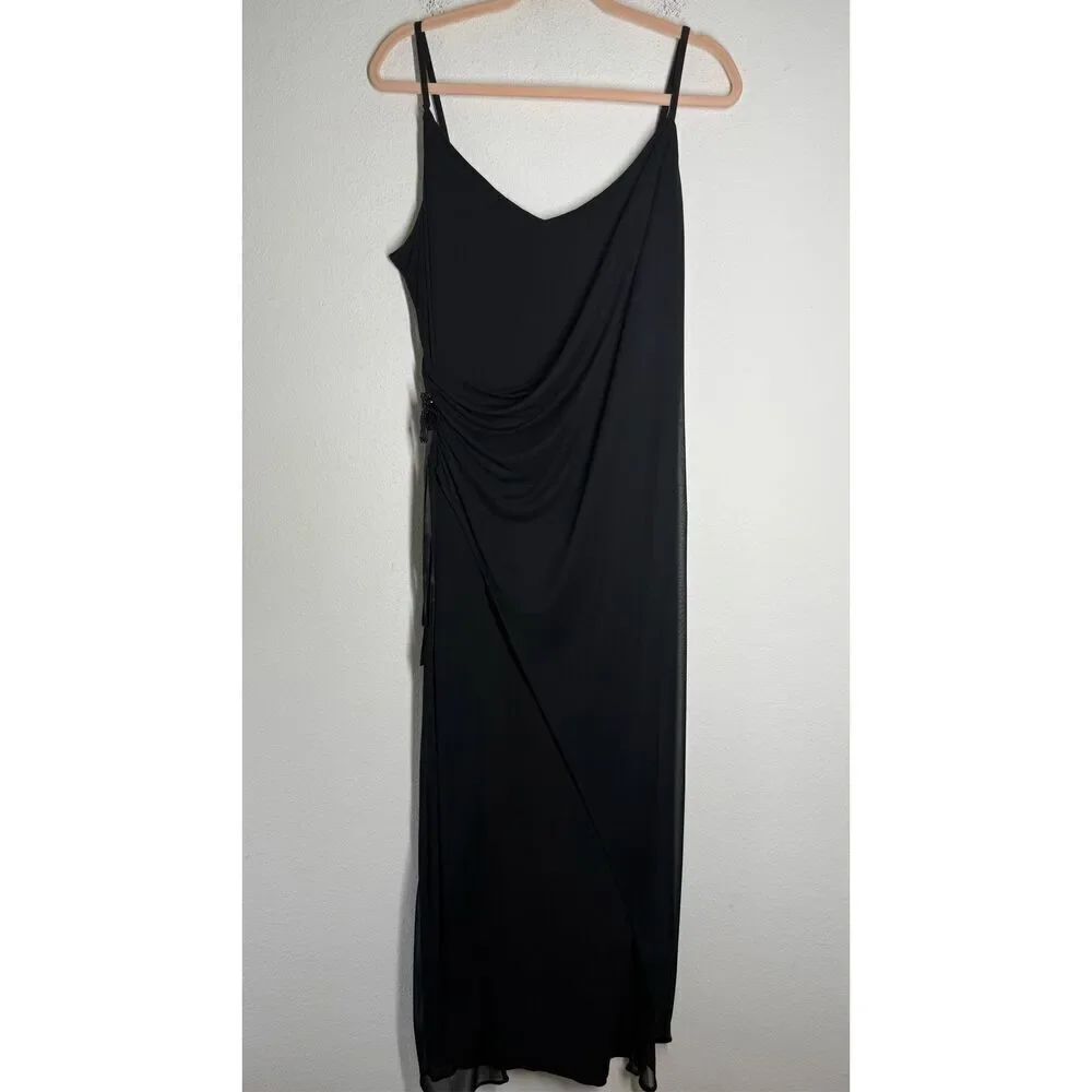 Canda Women’s  Elegant Black Draped Slip Dress Beaded Side Detail Sz 16UK/12 US